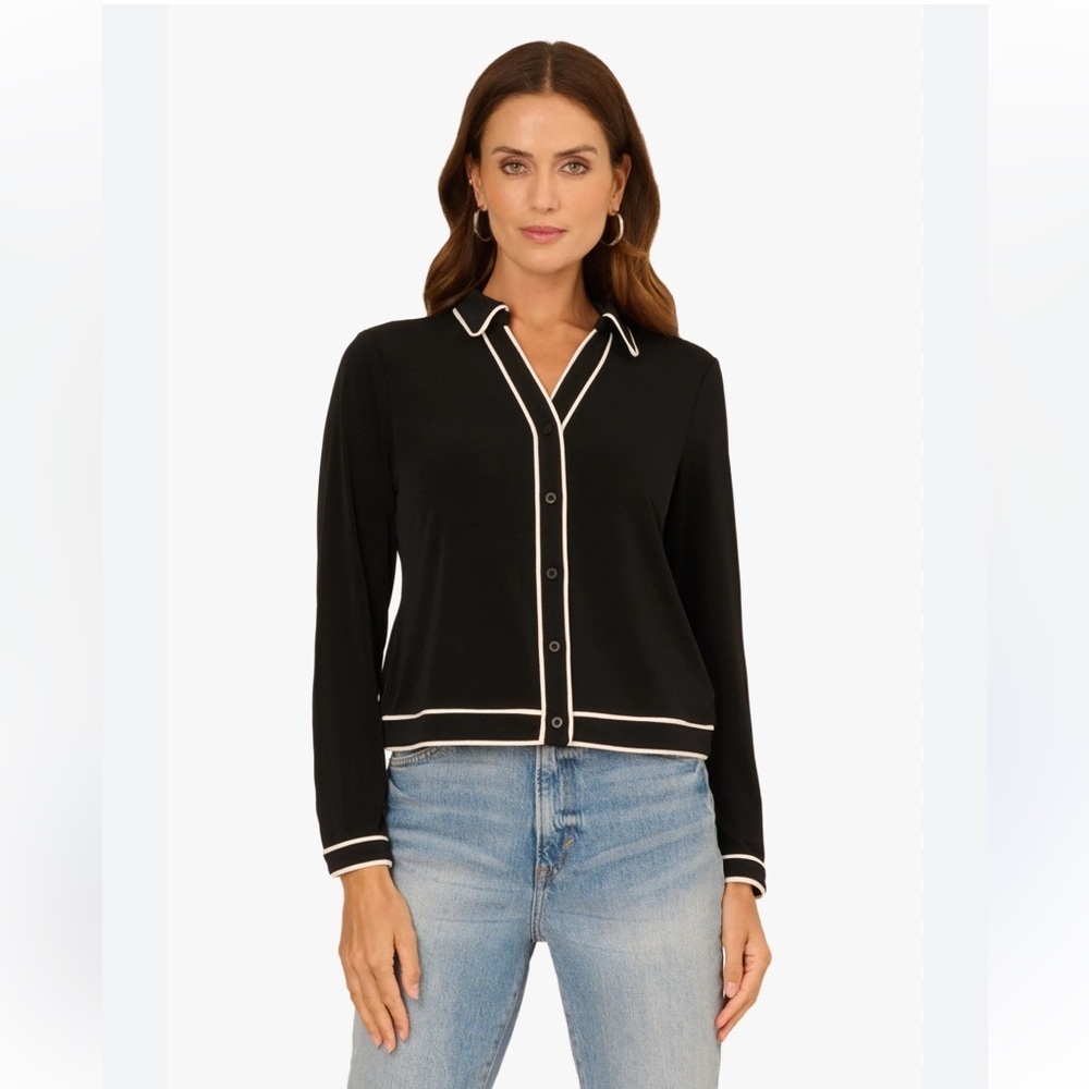 Adrianna Papell Black Button-Down Top with white Contrast Piping